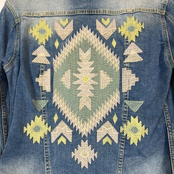 Western Embroidered Denim Jacket Blue Green Aztec Print Small - Picture 8 of 10